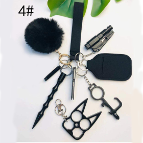 Self Defense Keychain Suit Personal Keychain For Girls Women Safety Key Ring With Hand Sanitizer Bottle Holder Pompom Whistle (Color: Black color 11piece set)