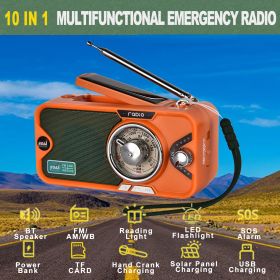 3600mAh Emergency Crank &NOAA Weather Radio; Hand Crank/Solar/USB Charging; Portable Radio With (AM FM /WB); Radio With Other Function For BT Speaker (Color: Orange)